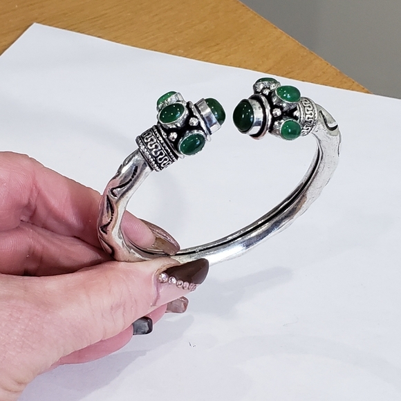 Green Onyx Multi Gemstone 925 Silver Handmade Designed Adj Cuff Bracelet - Picture 3 of 15